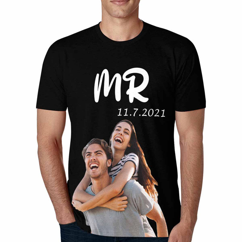 Custom Photo&Date Loving Couple Anniversary Tee Put Your Photo on Shirt Unique Design Men's All Over Print T-shirt