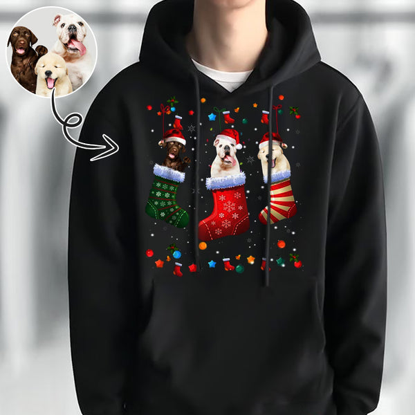 Printing Christmas Stocking Hoodie with Face, Custom Men's All Over Print Hoodie Surprise Gifts for Dad Husband Boyfriend