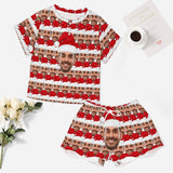 Custom Face Seamless Christmas Hat Print Pajama Set Women's Short Sleeve Top and Shorts Loungewear Athletic Tracksuits