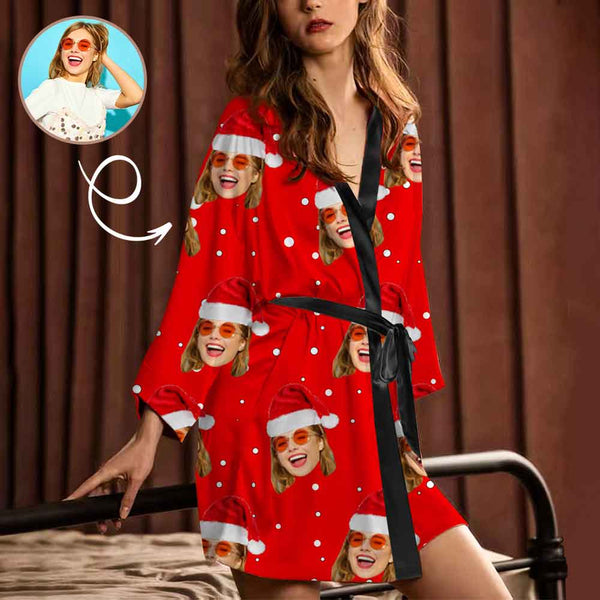 Custom Face Christmas Hat Red Women's Short Pajama Kimono Robe