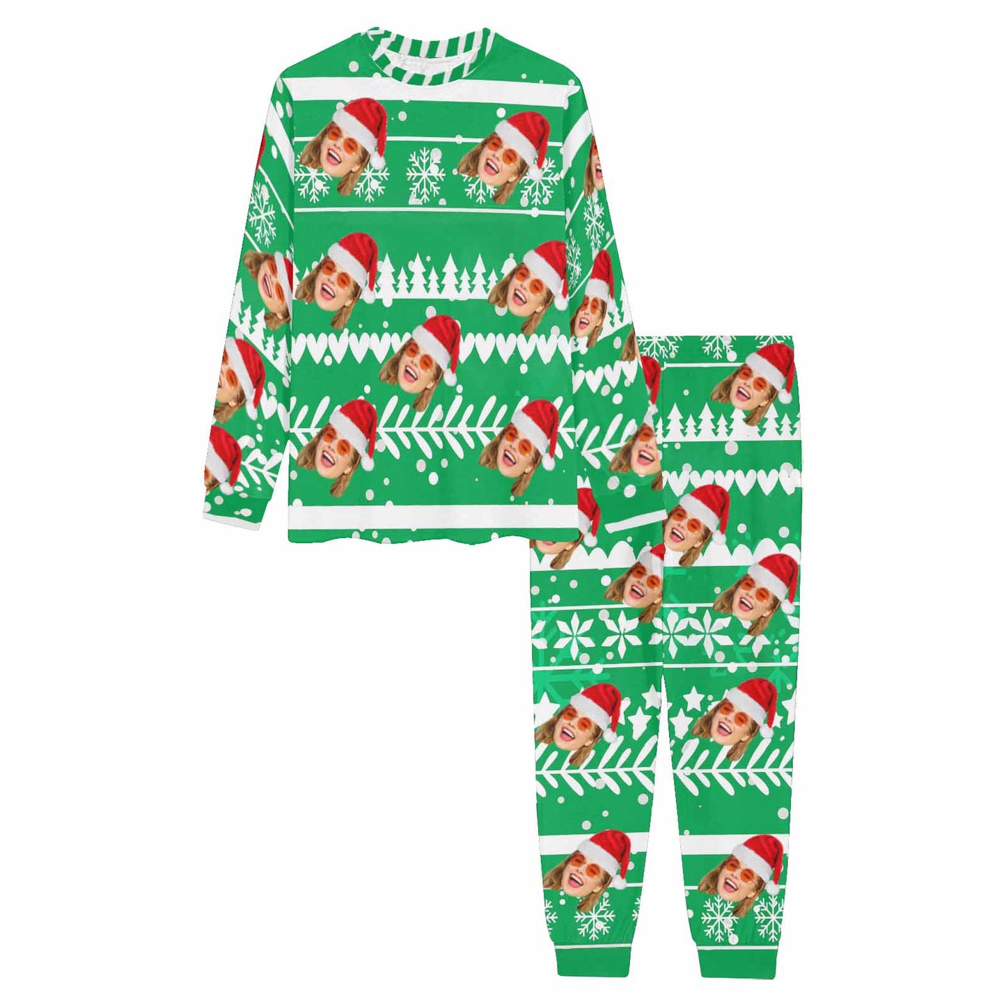 Custom Face Christmas Hat Green Men's Long Pajama Set