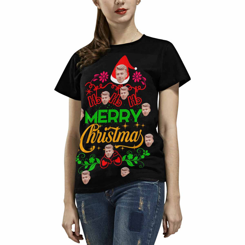 Custom Face Merry Christmas&Wreath Tee Put Your Photo on Shirt Unique Design Women's All Over Print T-shirt