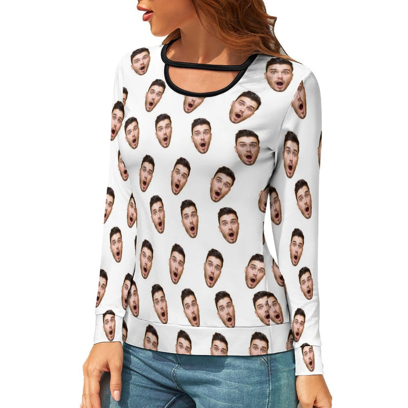 Custom Face Disordered Distribution Women's Cutout Long Sleeve Top T-shirt