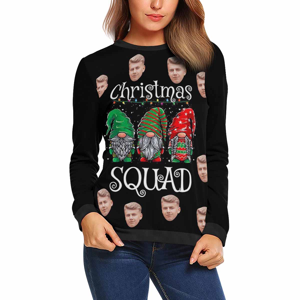 Custom Face Christmas Women's All Over Print Crewneck Sweatshirt, Personalized Sweater With Photo