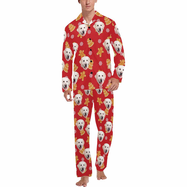 Custom Pet Face Pajamas Cookie Red Sleepwear Personalized Men's Long Pajama Set