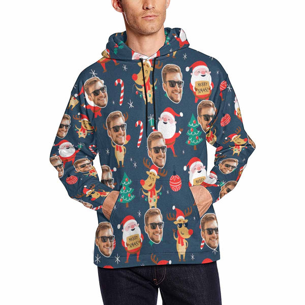 Printing Santa Claus&Elk Hoodie with Face, Custom Men's All Over Print Hoodie Surprise Gifts for Dad Husband Boyfriend