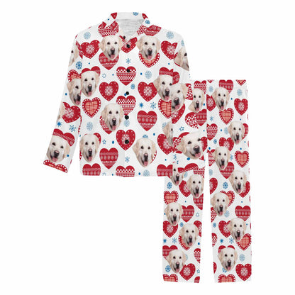 Custom Face Pajamas Heart&Blue Snowflake Sleepwear Personalized Men's Long Pajama Set