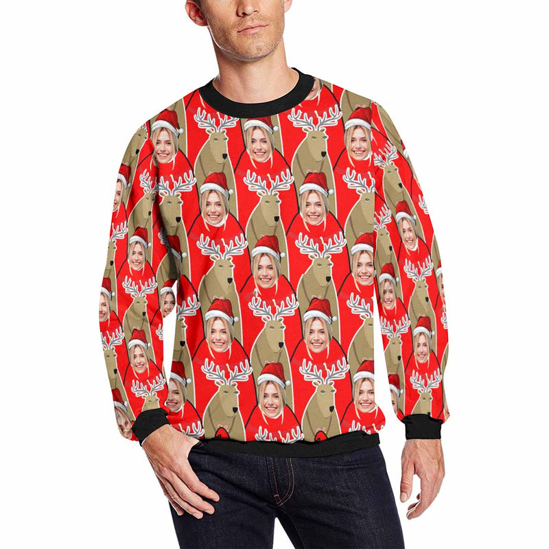 Personalized Christmas Deer Red With Face, Custom Photo Men's All Over Print Crewneck Sweatshirt