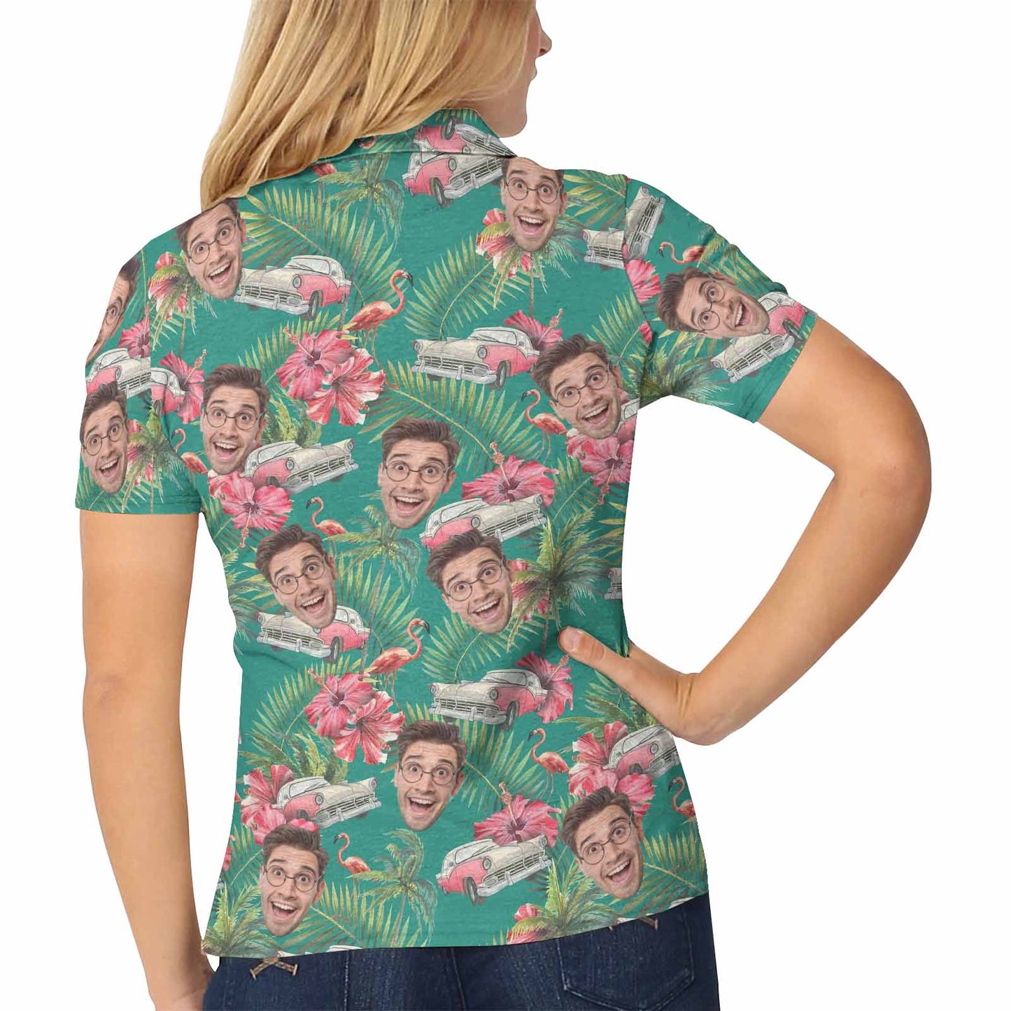 Custom Face Green Flamingo Polo Shirt, Personalized Shirt for Women, Photo Women's All Over Print Polo Shirt