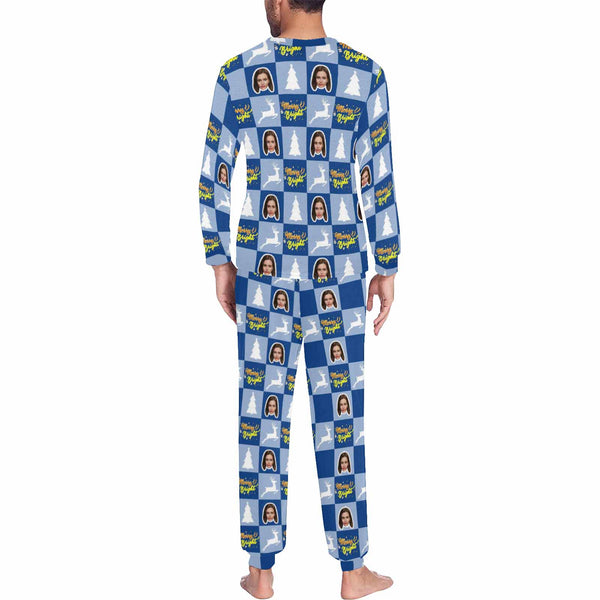 Custom Face Christmas Tree and Elk Blue Grids Men's Long Pajama Set