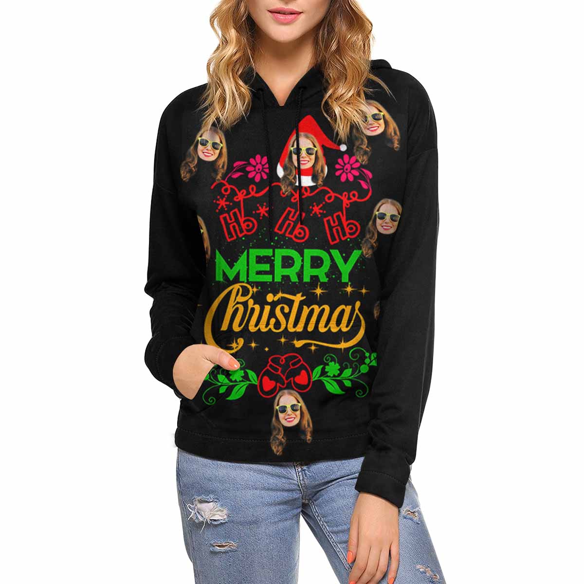 Printing Merry Christmas Bouquet Hoodie with Face, Custom Women's All Over Print Hoodie Surprise Gifts for Mon Wife Girlfriend