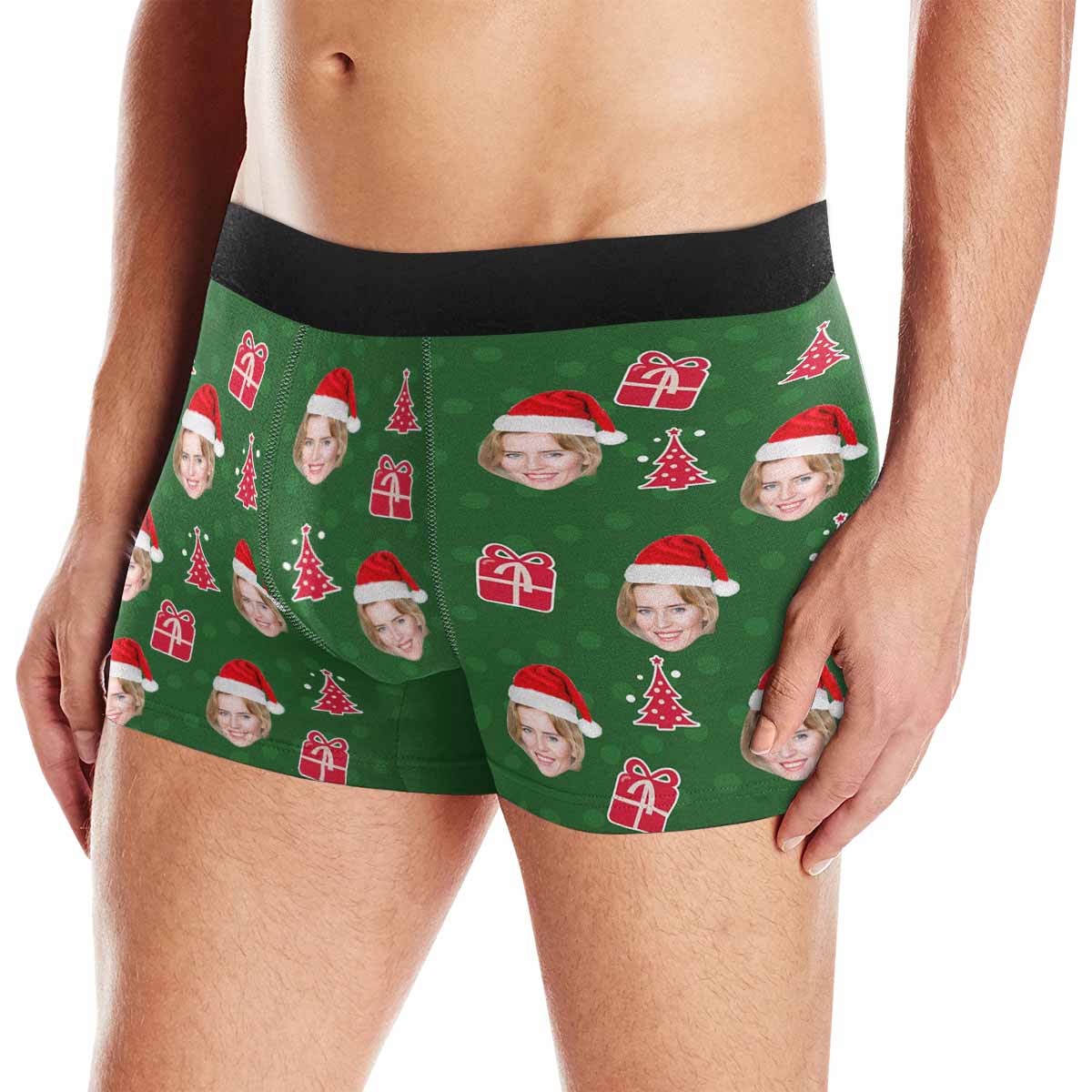 Custom Face Men's All Over Print Boxer Briefs Personalized Christmas Green Gifts Underwear