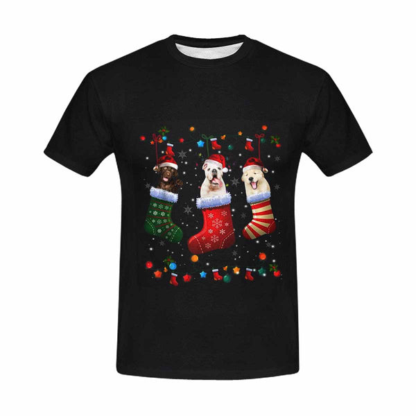 Custom Face Your Pet in Christmas Sock Tee Put Your Photo on Shirt Unique Design Men's All Over Print T-shirt