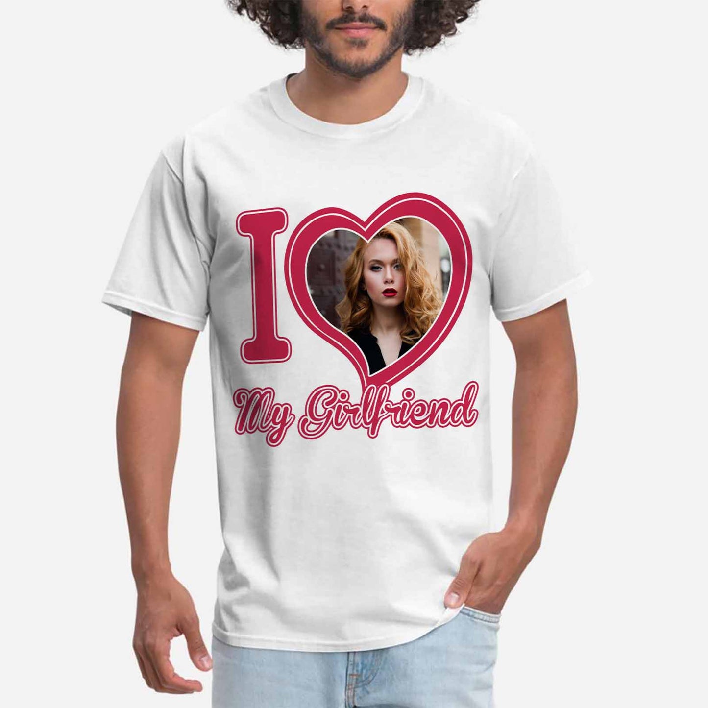 Custom Photo I Love My Girlfriend Cute Tee Put Your Photo on Shirt Unique Design Men's All Over Print T-shirt