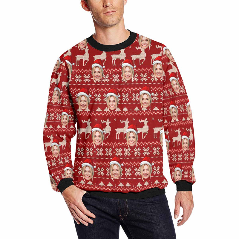 Personalized Christmas Deer With Face, Custom Photo Men's All Over Print Crewneck Sweatshirt