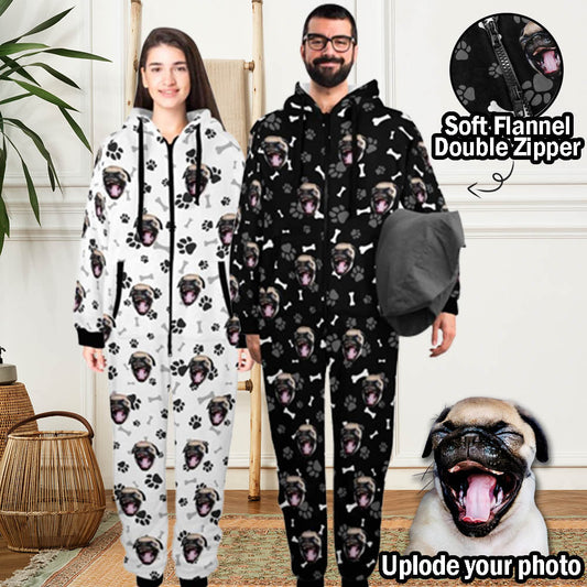 Custom Pet Face Dog Bones Onesie Pajamas Flannel Fleece Adult Jumpsuit Homewear