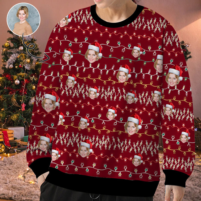 Personalized Christmas Light With Face, Custom Photo Men's All Over Print Crewneck Sweatshirt