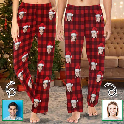 Personalized Long Pajama Pants for Men&Women Custom Face Red Plaid Sleepwear Slumber Party