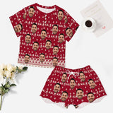 Custom Face Christmas Elk&Snowflake Red Print Pajama Set Women's Short Sleeve Top and Shorts Loungewear Athletic Tracksuits