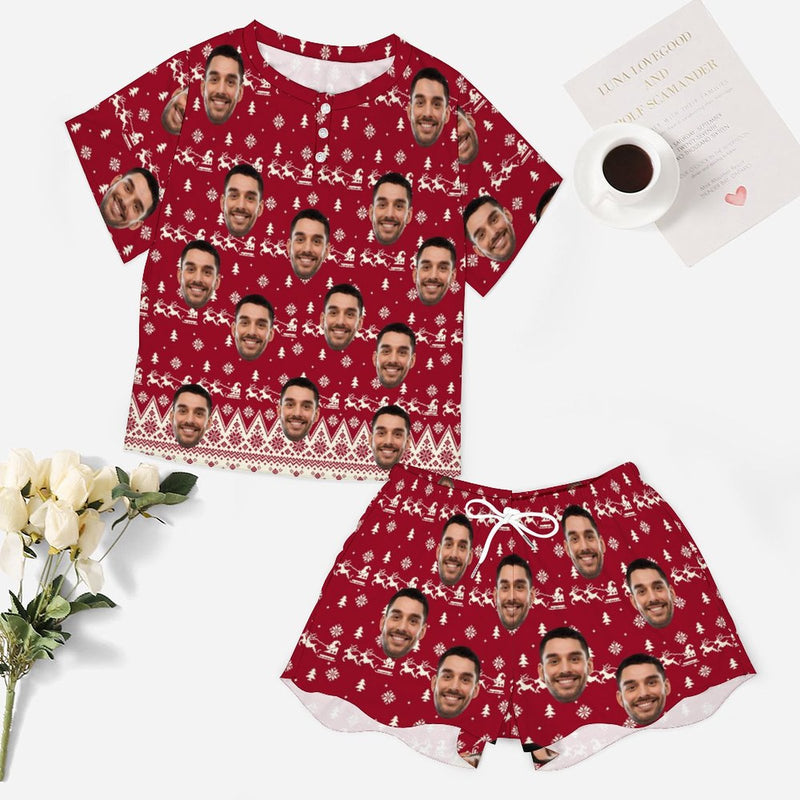 Custom Face Christmas Elk&Snowflake Red Print Pajama Set Women's Short Sleeve Top and Shorts Loungewear Athletic Tracksuits