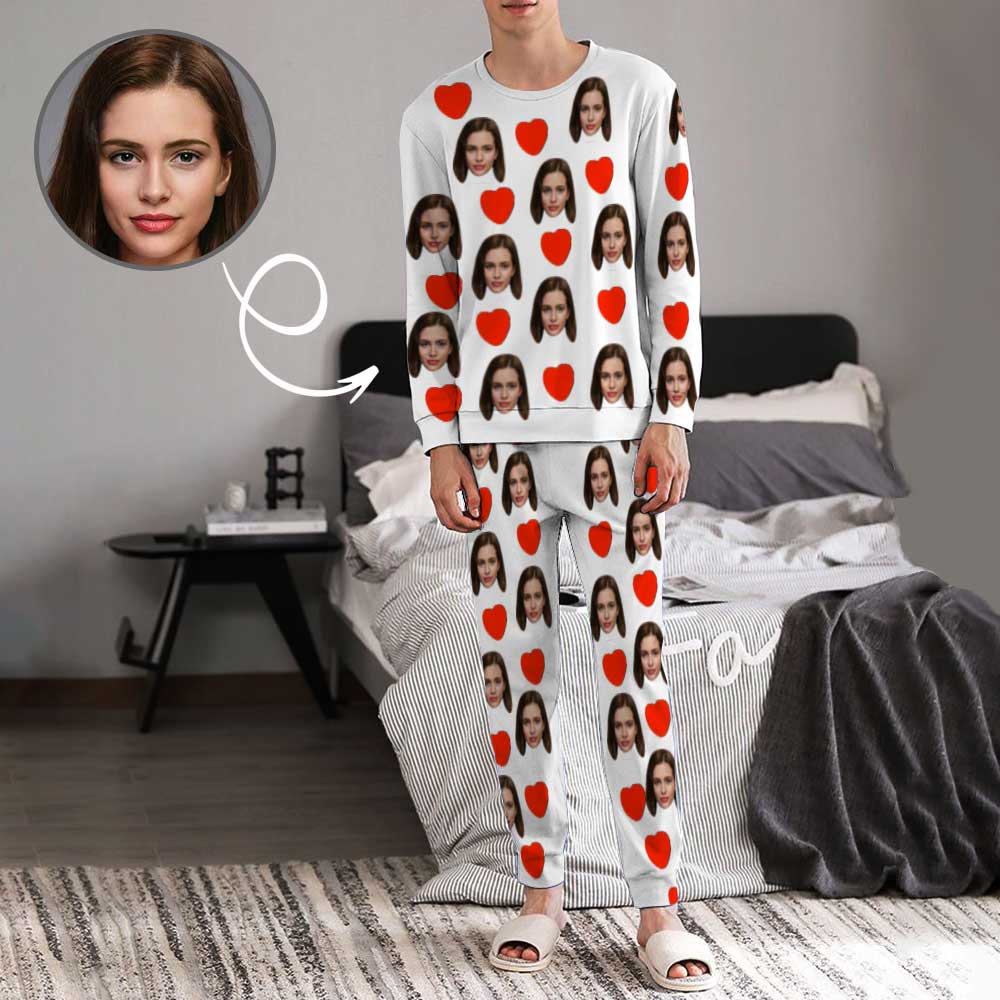 Custom Face Love Heart Girlfriend White Men's Long Pajama Set