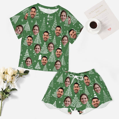 Custom Face Couple Line Chrismas Tree Green Print Pajama Set Women's Short Sleeve Top and Shorts Loungewear Athletic Tracksuits