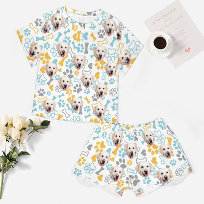 Custom Face Pet Blue&Yellow Footprint Print Pajama Set Women's Short Sleeve Top and Shorts Loungewear Athletic Tracksuits