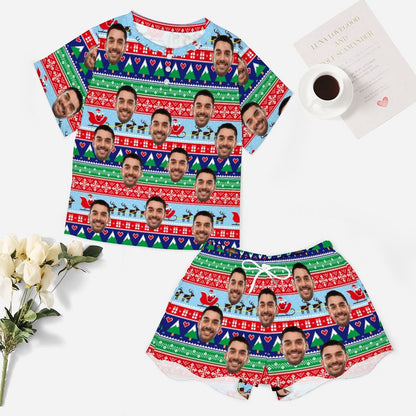 Custom Face Colorful Christmas Print Pajama Set Women's Short Sleeve Top and Shorts Loungewear Athletic Tracksuits