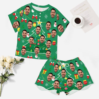 Custom Face Christmas Tree&Gift Print Pajama Set Women's Short Sleeve Top and Shorts Loungewear Athletic Tracksuits