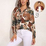 Custom Face Brown Color Block Vntage Casual Long Sleeve Hawaiian Shirts