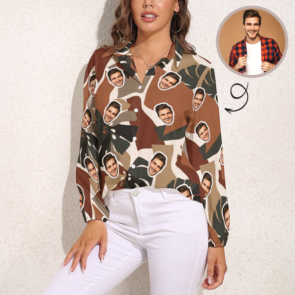 Custom Face Brown Color Block Vntage Casual Long Sleeve Hawaiian Shirts