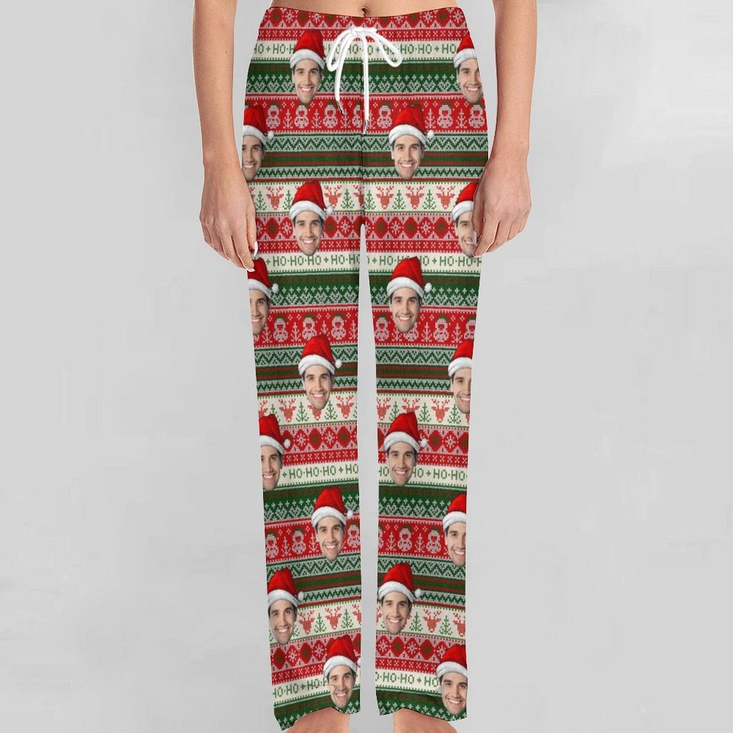 Personalized Long Pajama Pants Unisex Lacing Custom Face Christmas Hat Sleepwear Slumber Party