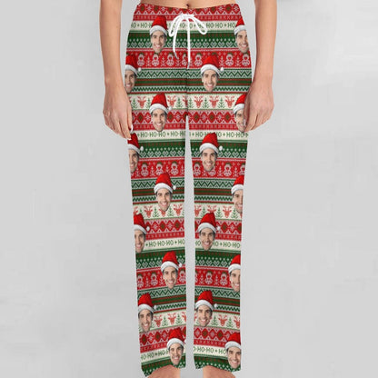 Personalized Long Pajama Pants Unisex Lacing Custom Face Christmas Hat Sleepwear Slumber Party