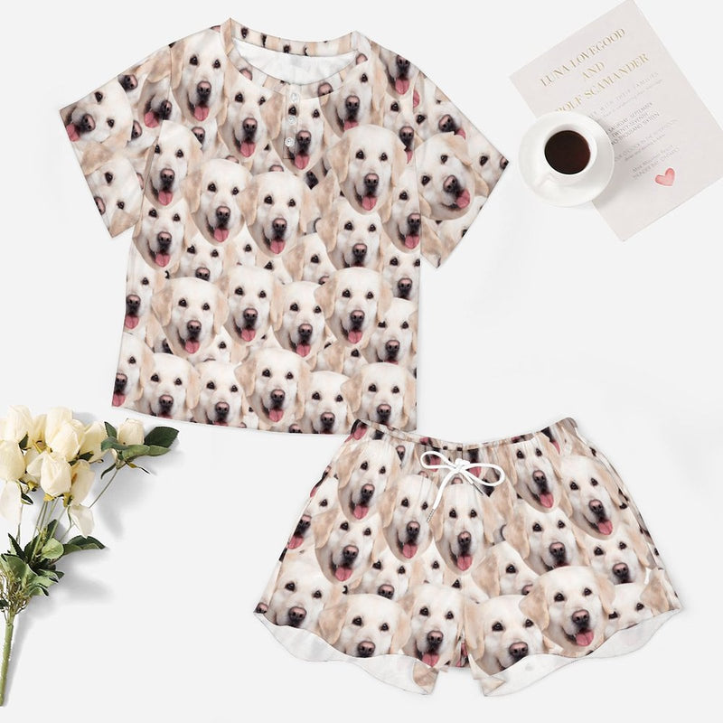 Custom Face Lovely Dog Print Pajama Set Women's Short Sleeve Top and Shorts Loungewear Athletic Tracksuits