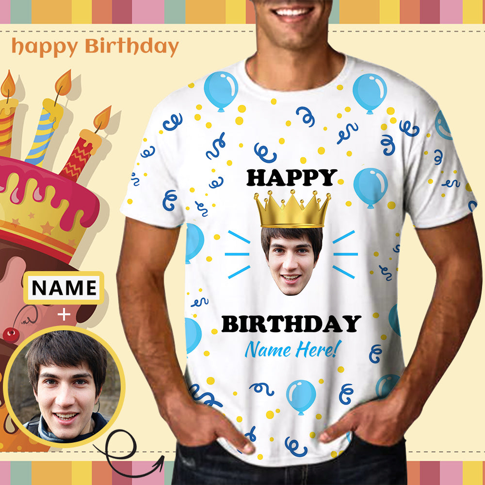 Custom Face&Name Happy Birthday Crown Tee Put Your Photo on Shirt Unique Design Men's All Over Print T-shirt