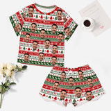 Custom Face Christmas Red&Green Stripe Print Pajama Set Women's Short Sleeve Top and Shorts Loungewear Athletic Tracksuits