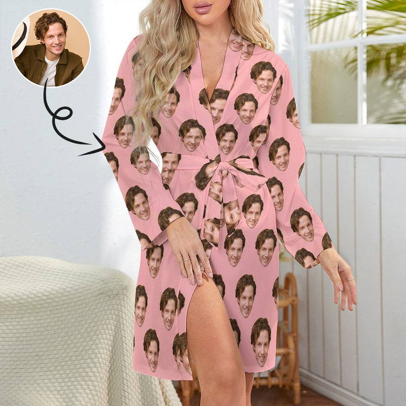 Custom Face Lover Pink Women's Nightwear Personalized Photo Pajamas Kimono Robe