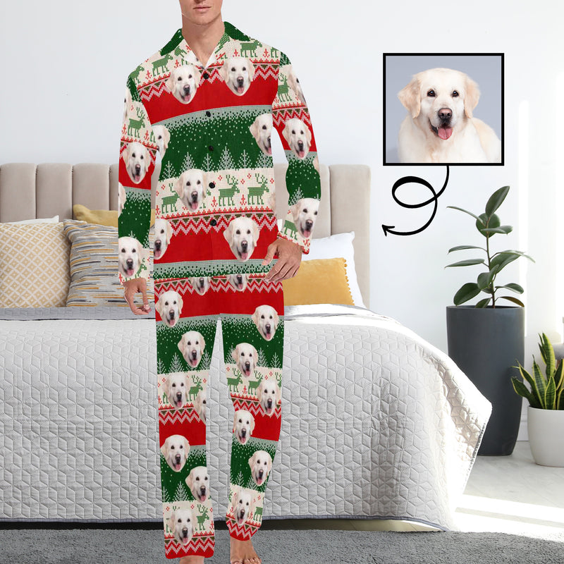 Custom Face Pajamas Red&Green Horizontal Stripe Sleepwear Personalized Men's Long Pajama Set