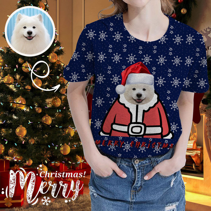Custom Face Cute Puppy Christmas Hat Women's All Over Print T-shirt