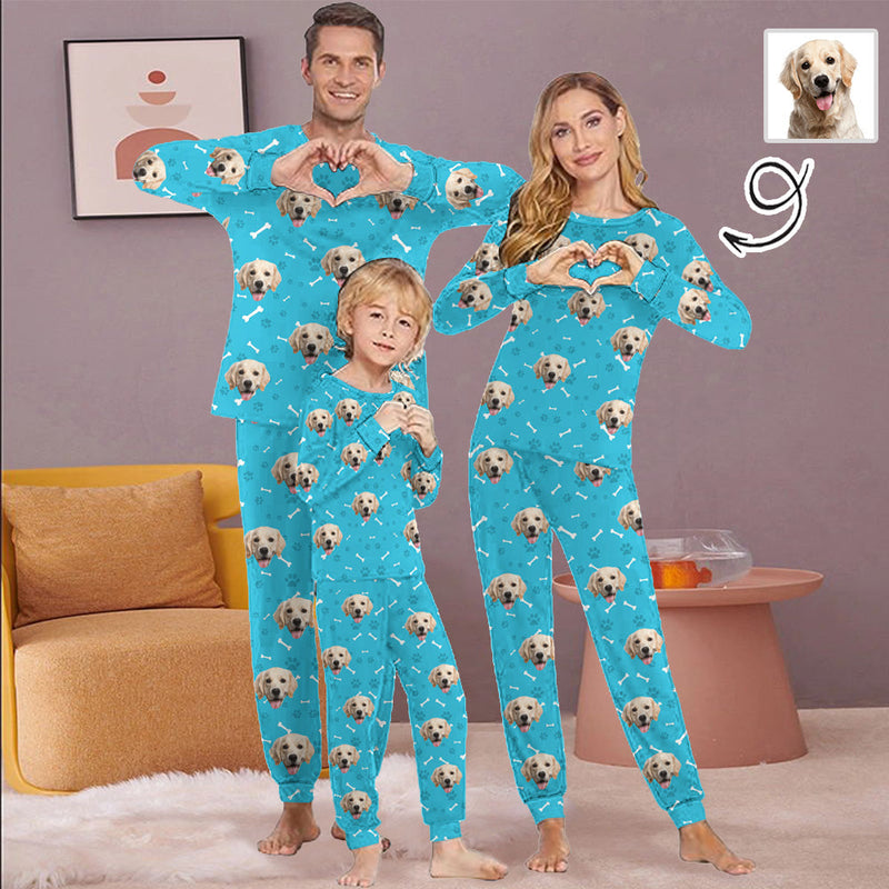 Personalized Family Matching Long Sleeve Pajamas Set Custom Face Paw & Bone Nightwear Sleepwear