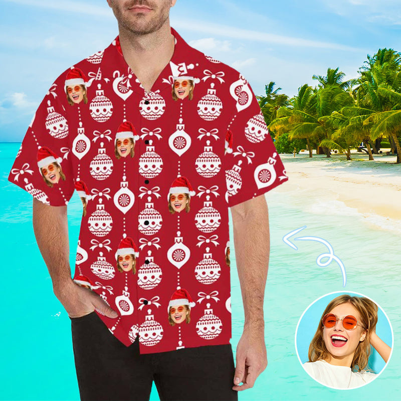 Custom Face Red Christmas Light Men's All Over Print Hawaiian Shirt