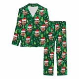Custom Face Pajamas Christmas Tree Green Sleepwear Personalized Women's Long Pajama Set