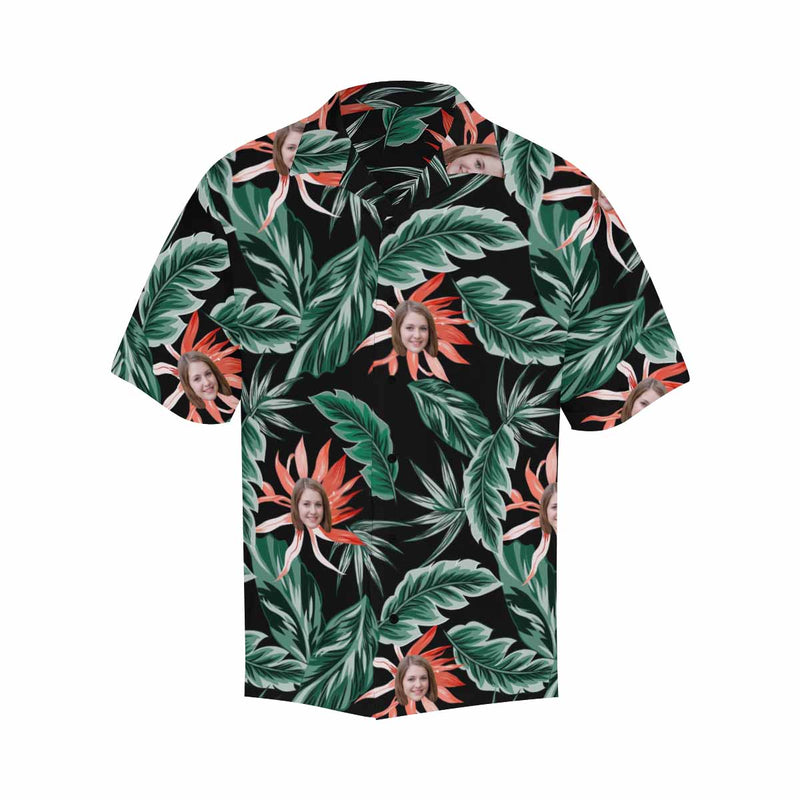 Custom Face Red Flowers Green Leaves Men's All Over Print Hawaiian Shirt