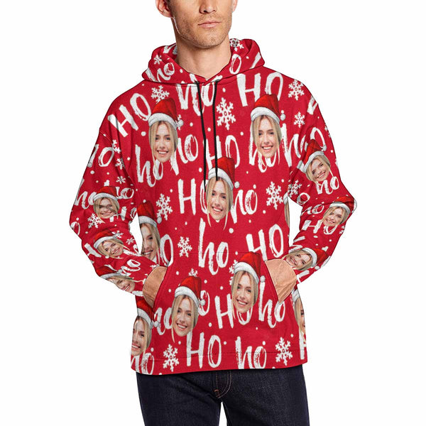 Printing Ho Snowflake Red Hoodie with Face, Custom Men's All Over Print Hoodie Surprise Gifts for Boyfriend Husband