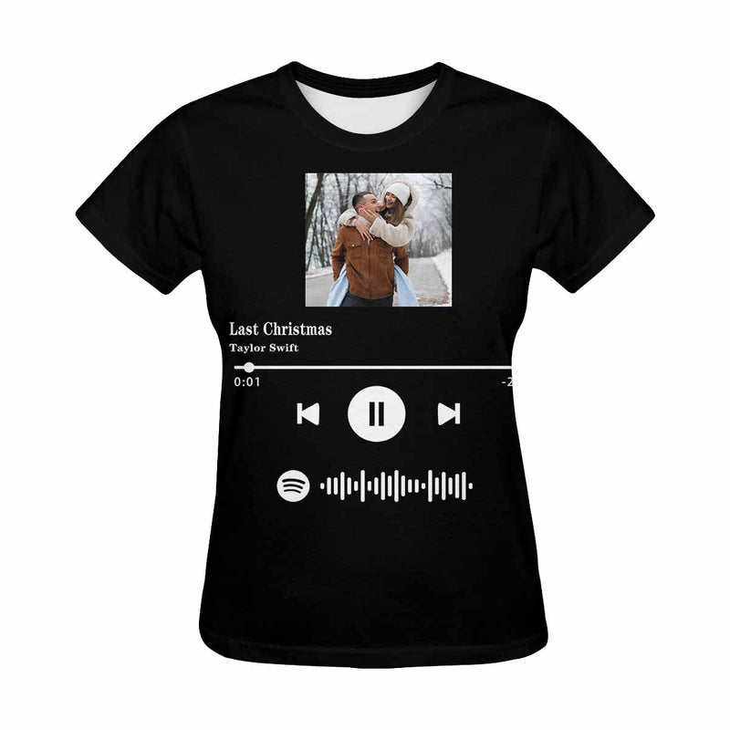 Custom Photo Last Christmas Black Scannable Spotify Code T-shirt Personalized Women's All Over Print T-shirt