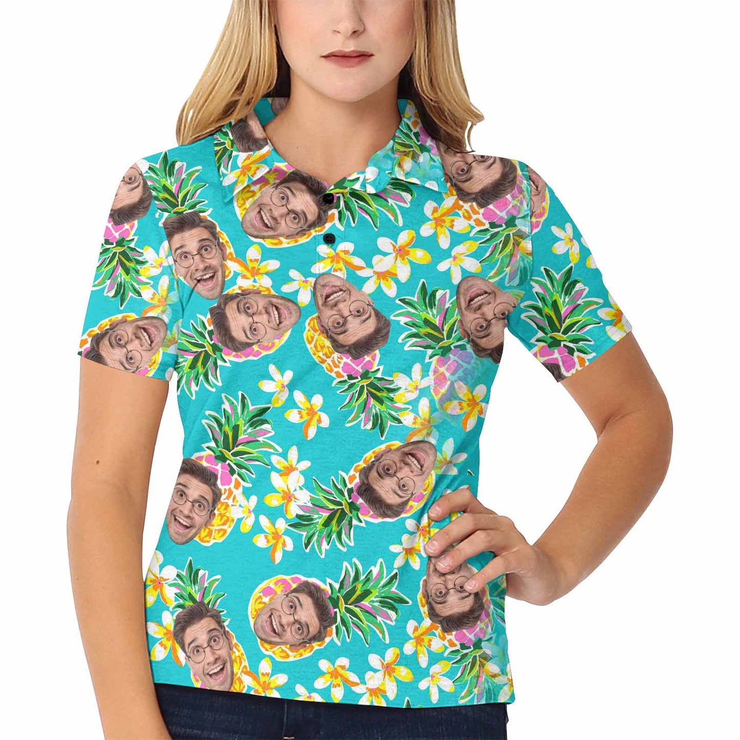 Custom Face Green Pineapple Polo Shirt, Personlized Shirt For Women, Photo Women's All Over Print Polo Shirt