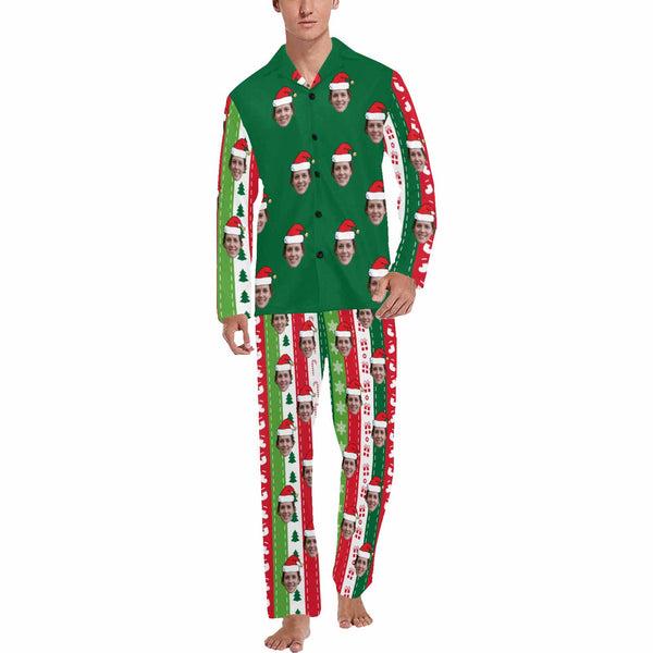 Custom Face Pajamas Red&Green Vertical Stripe Sleepwear Personalized Men's Long Pajama Set