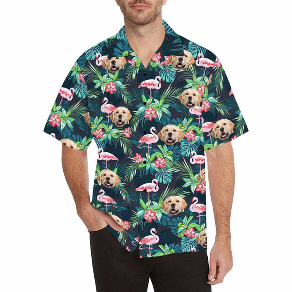 Custom Pet's Face Flamingo Men's All Over Print Hawaiian Shirt, Personalized Aloha Shirt With Photo Summer Beach Party As Gift for Vacation