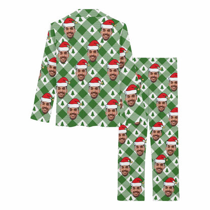 Custom Face Pajamas Green Rhombus Lattice Sleepwear Personalized Women's Long Pajama Set