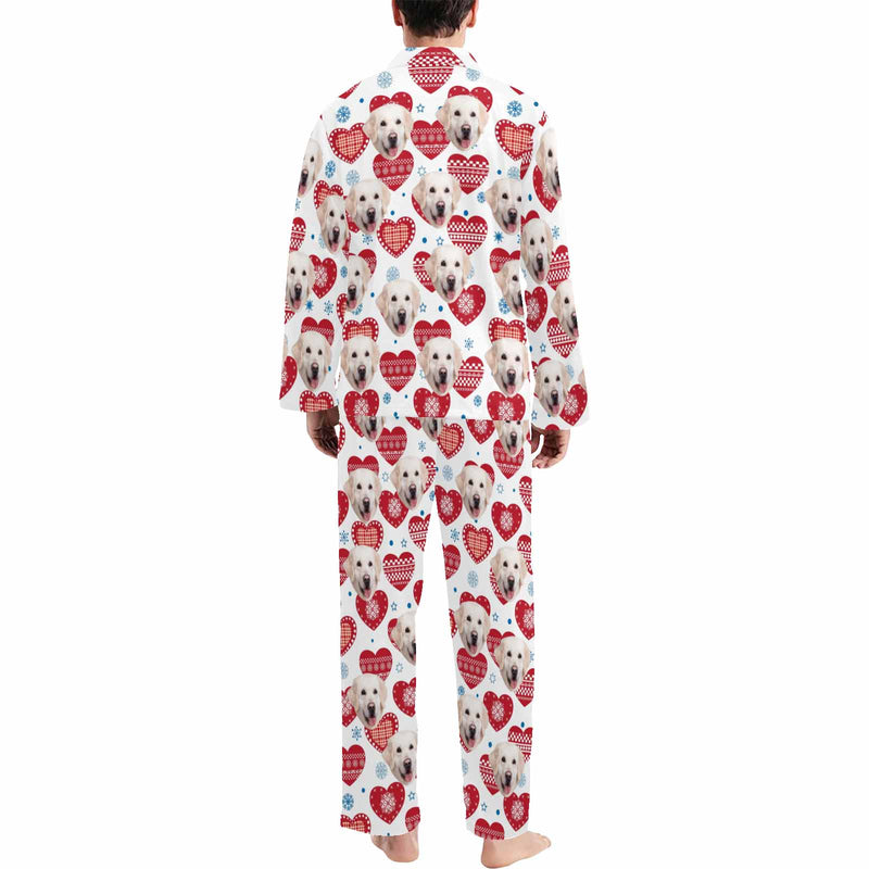 Custom Face Pajamas Heart&Blue Snowflake Sleepwear Personalized Men's Long Pajama Set